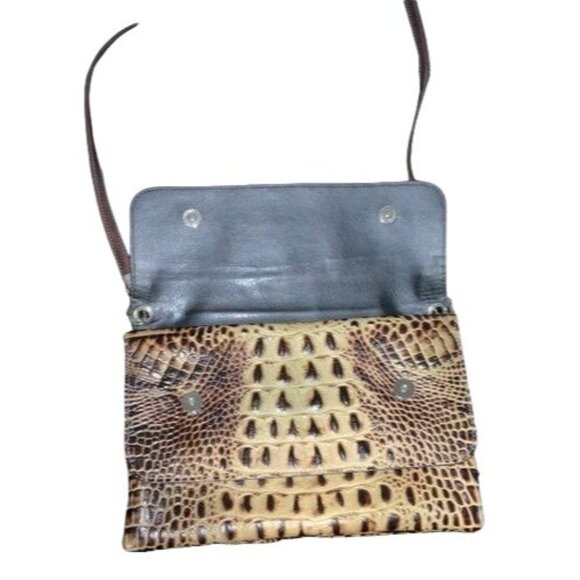 Due Fratelli Genuine Leather Crocodile Pattern Crossbody Purse Brown/Beige Snap - Picture 3 of 8